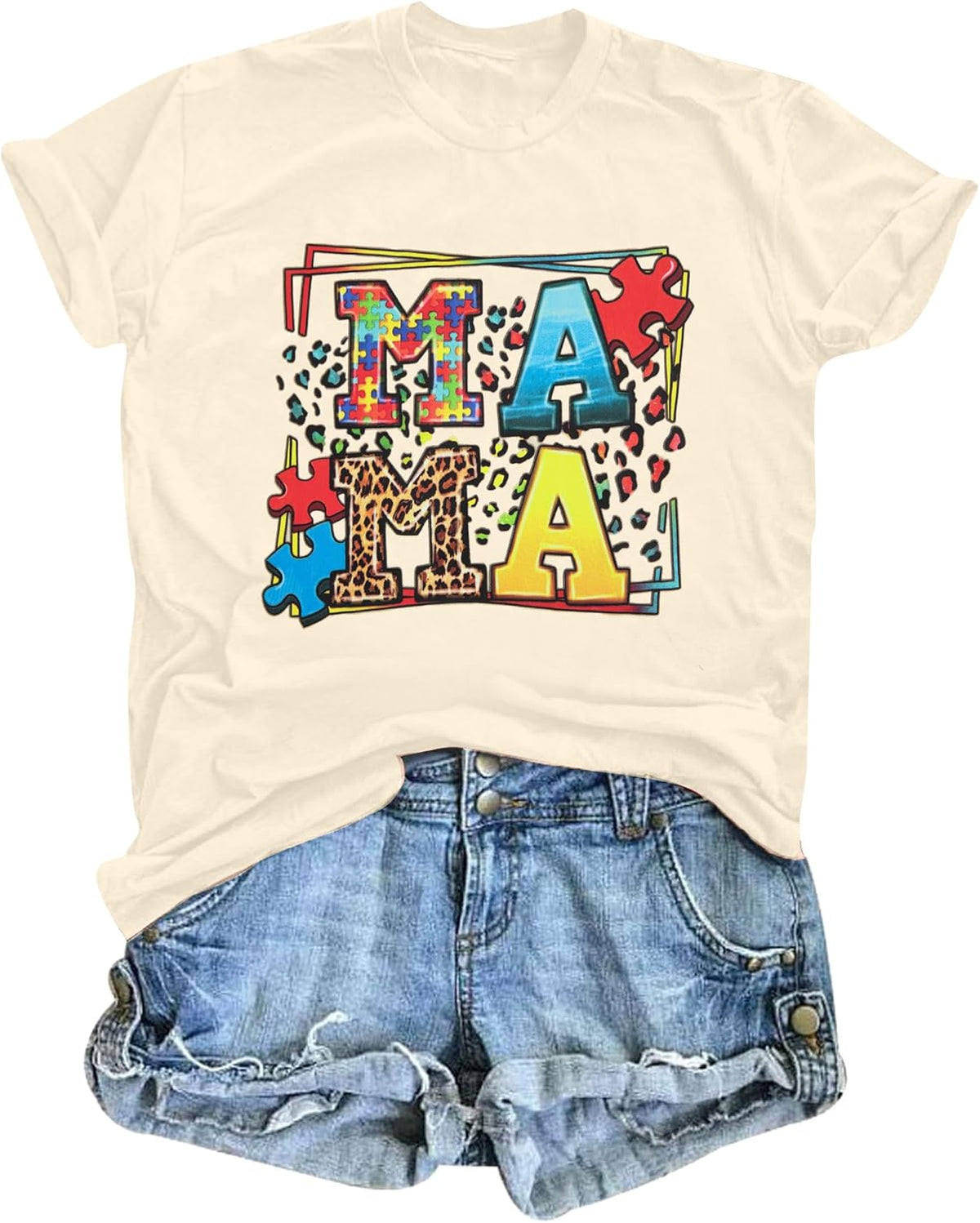 MOUSYA Autism Mama Shirt Autism Awareness T Shirt Puzzle Piece Bleached Graphic Tee Mental Health Short Sleeve Shirt
